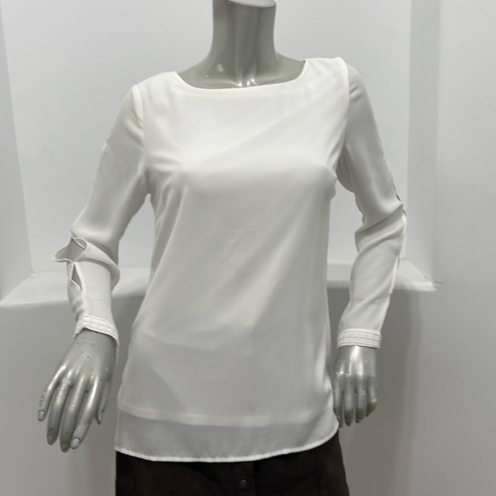 Melanie Lyne Ling Sleeve White Tunic Top Beaded Cuffs Size SP